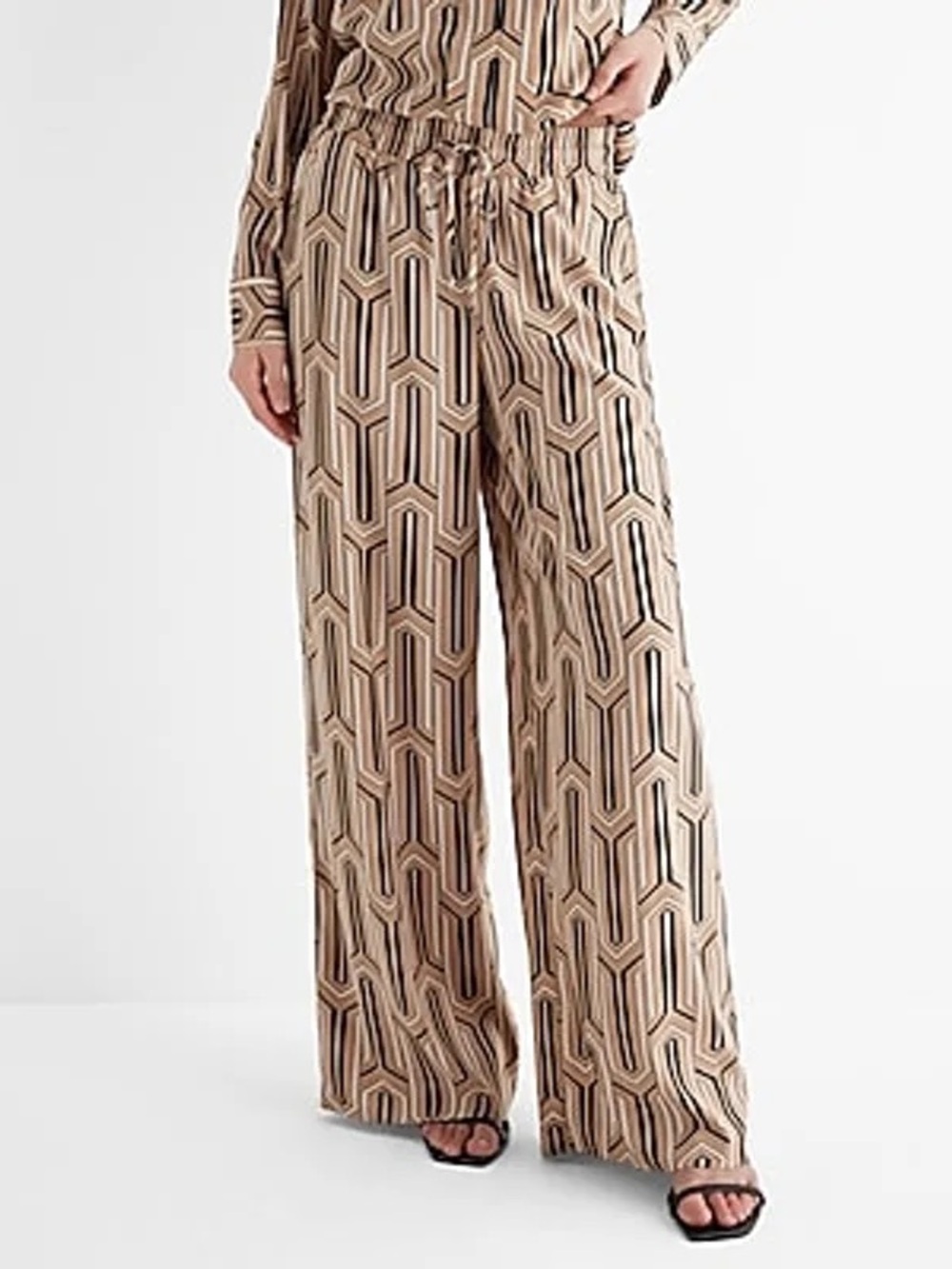 Express Beige Geometric Wide-Leg Pull-On Palazzo Pants High Waist Fall Winter XS